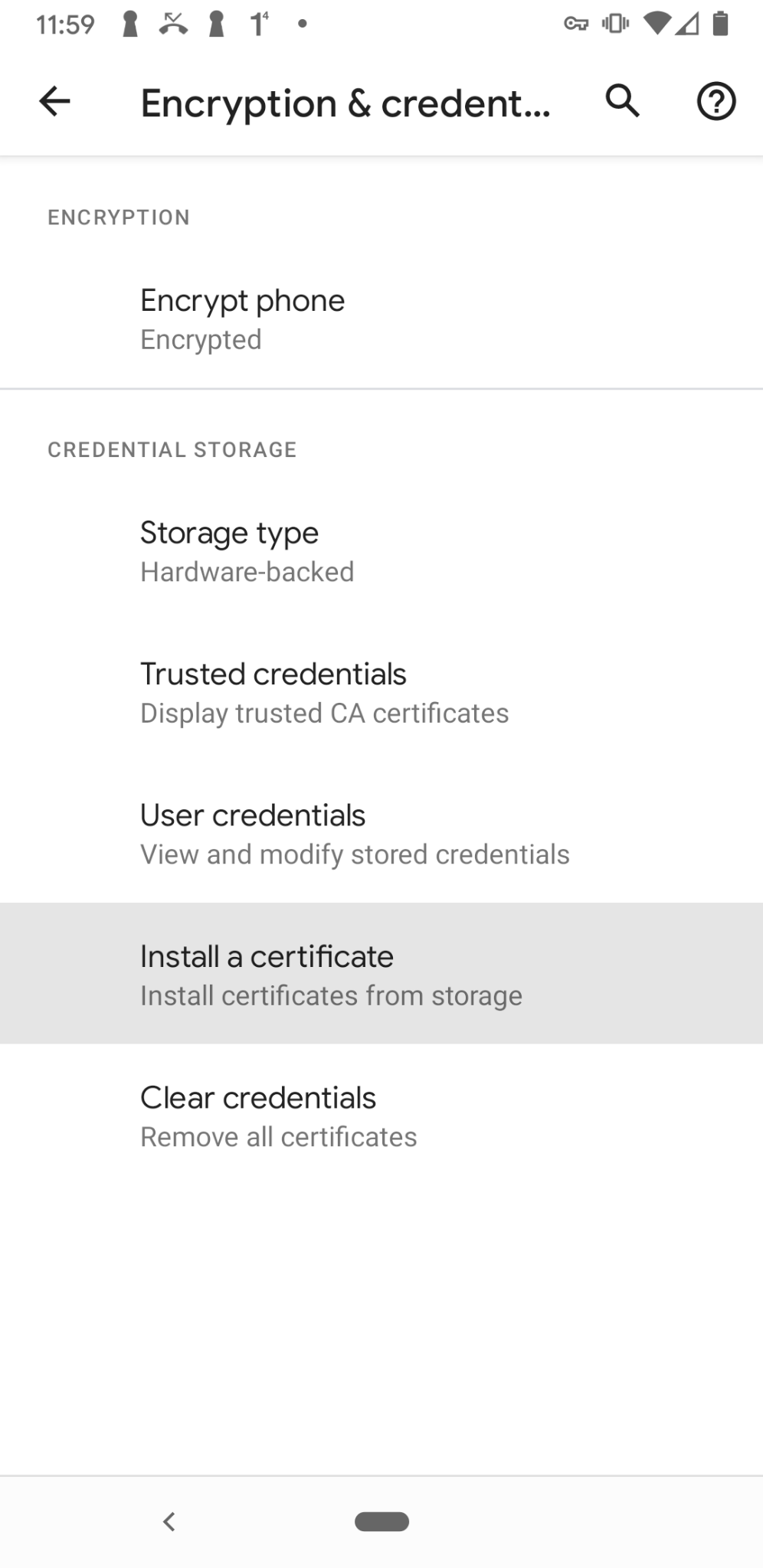Android: tap Install a Certificate
