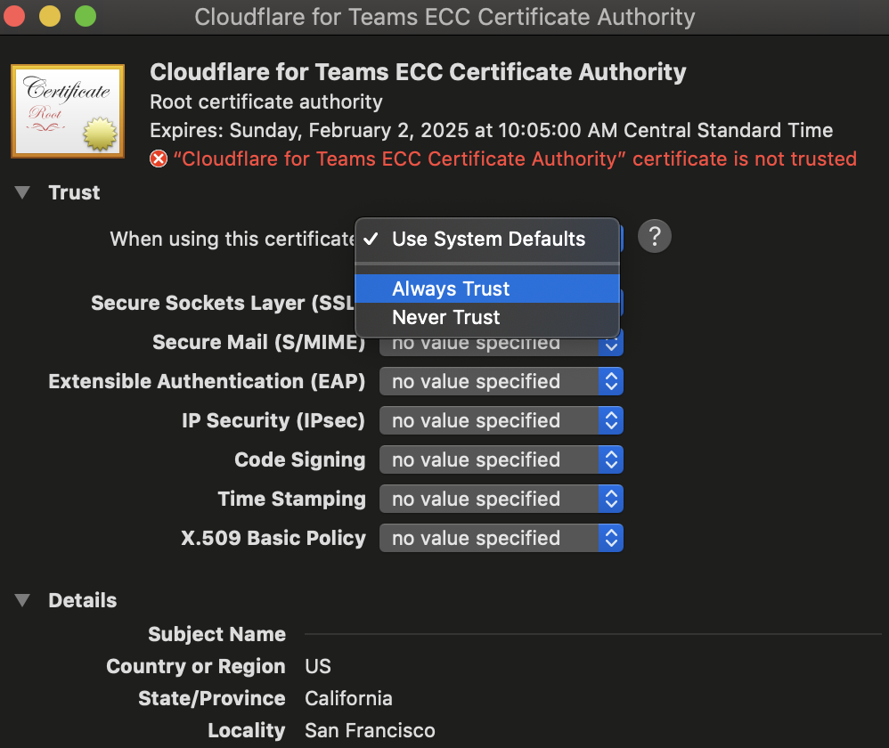 MacOS: select Always Trust