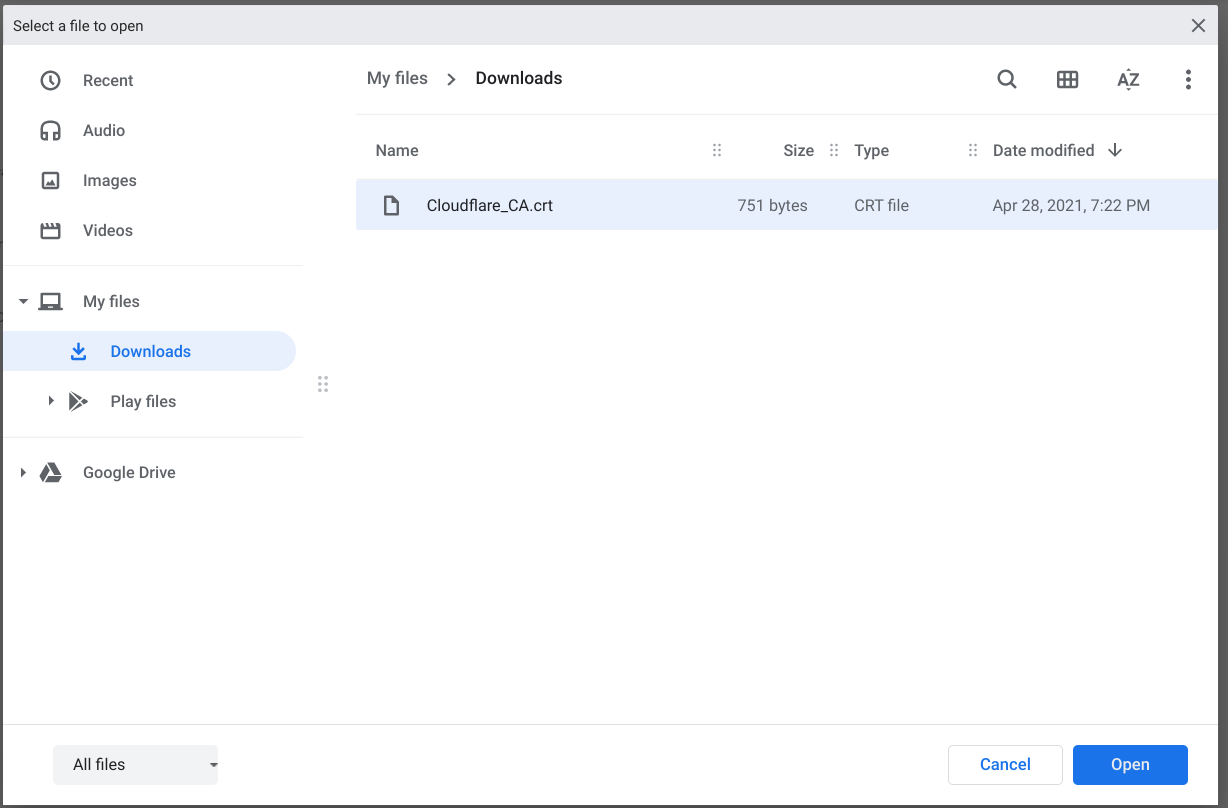 ChromeOS: select certificate to install