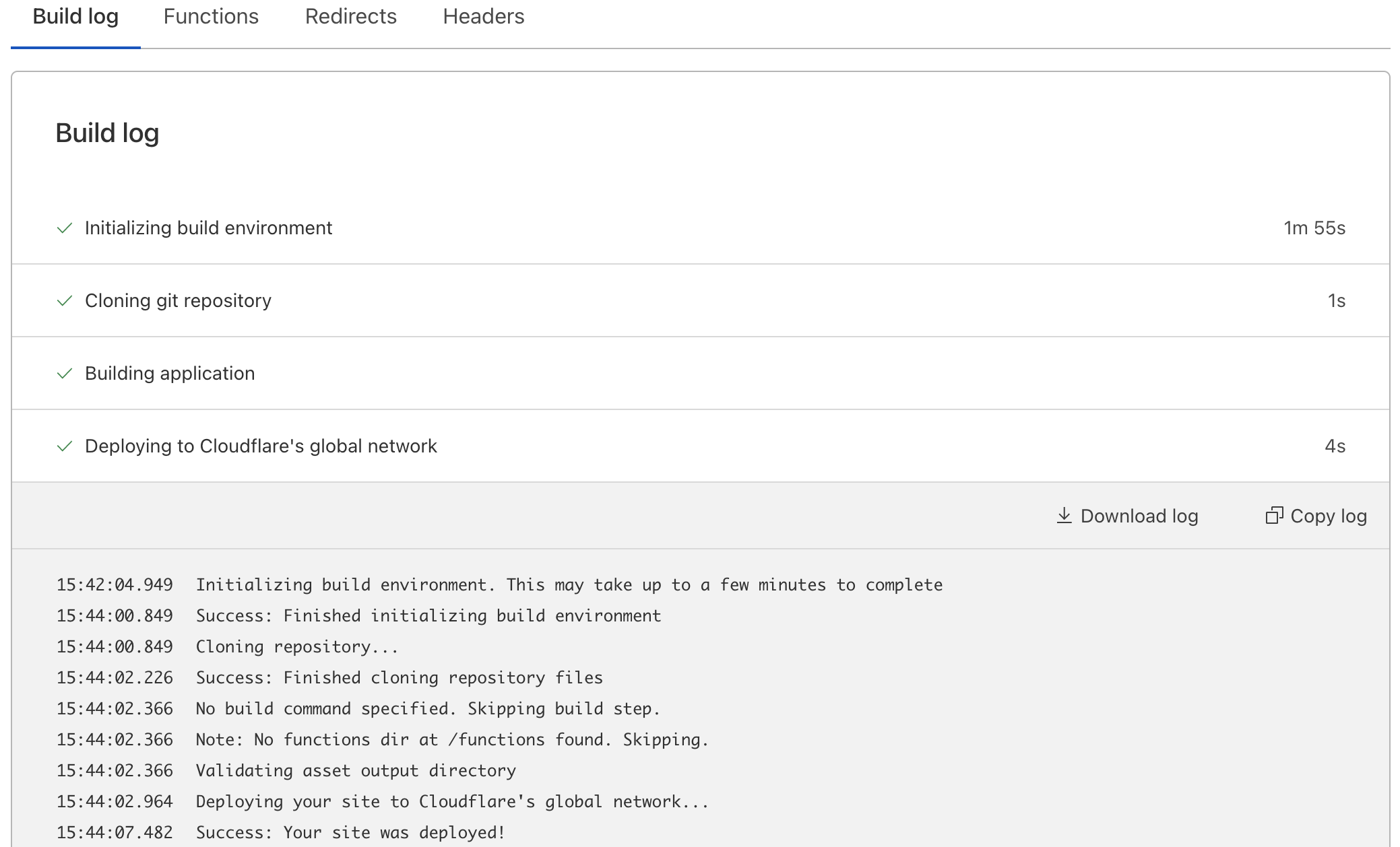 After logging into the Cloudflare dashboard, access the build log by following the instructions above